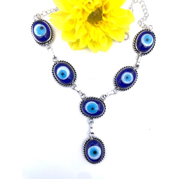Blue Evil Eye Mati Handmade Glass Beads Necklace 21" - Picture 2 of 6